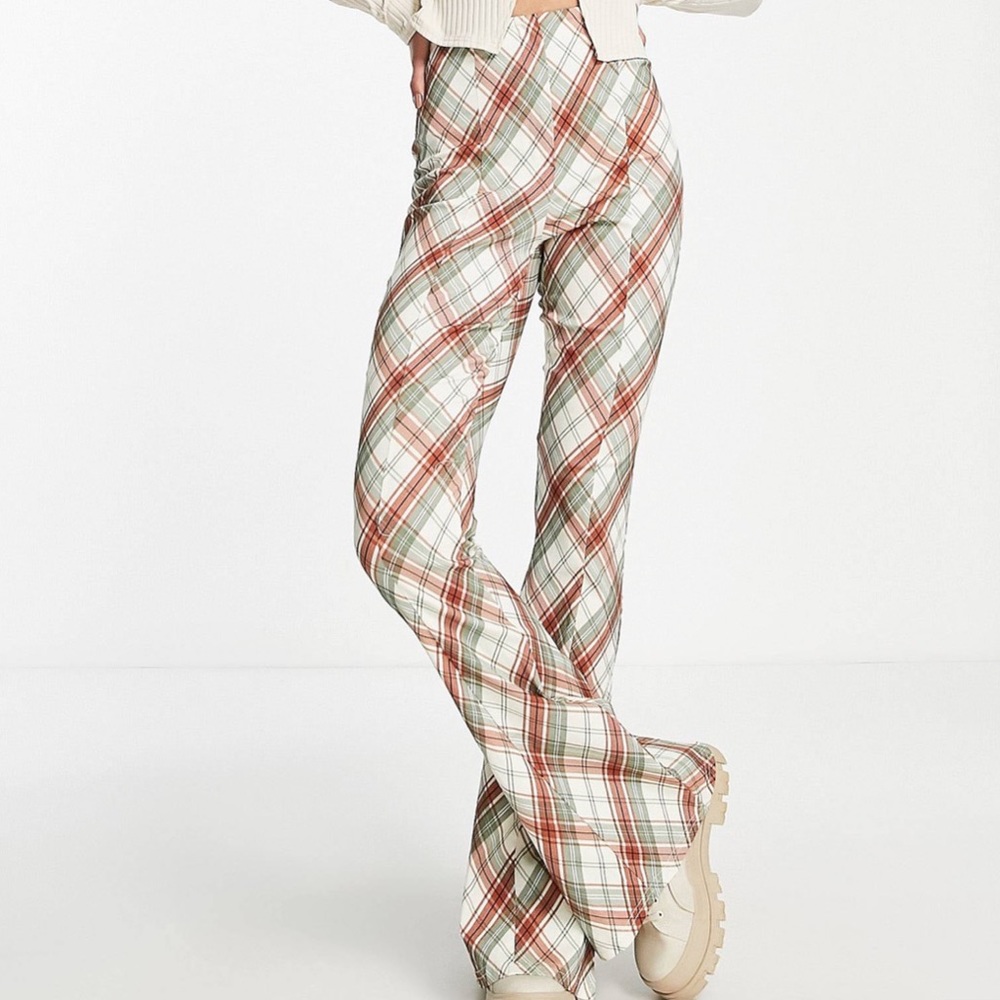 Topshop Tall high rise side slit flared bengaline pants in check print